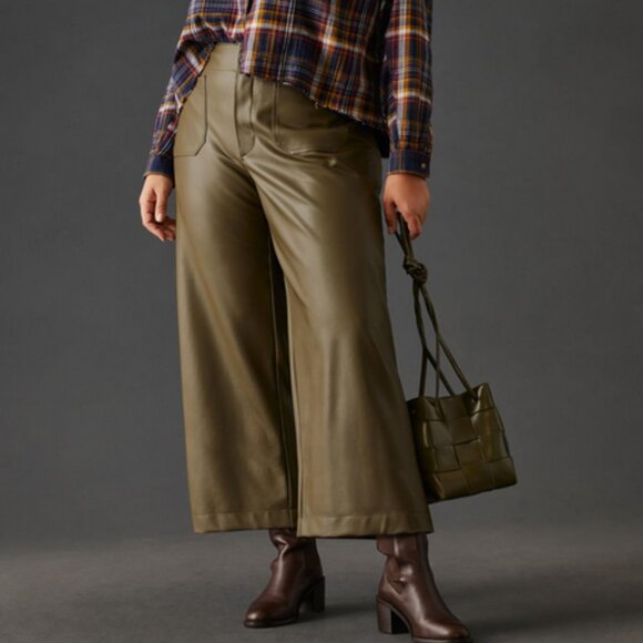 NWT Anthropologie Maeve 24W The Colette Crop Wide-Leg Faux Leather Pants Moss 24
